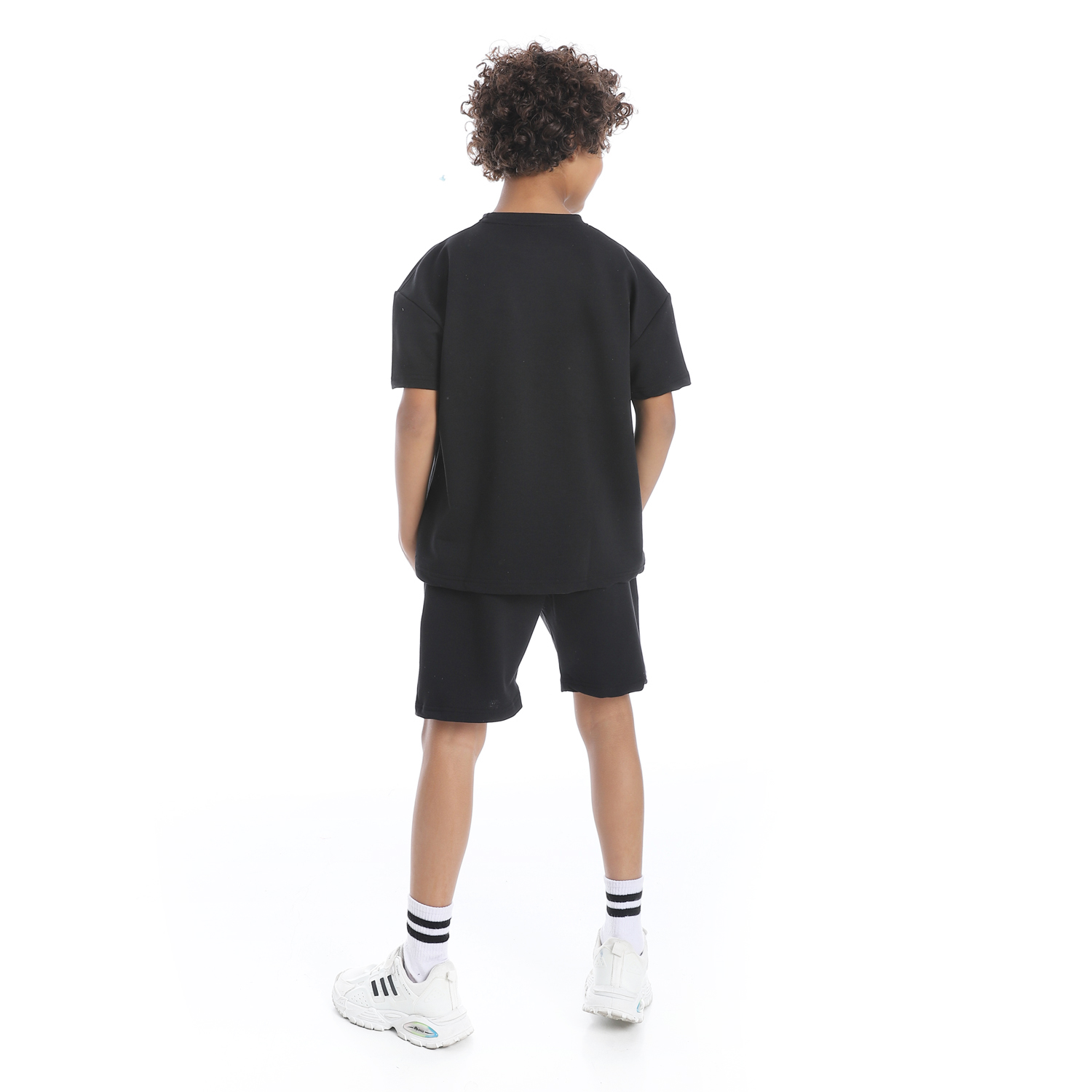 طقم بيجامة مطبوع مع شورت للأطفال - أسود - 1434