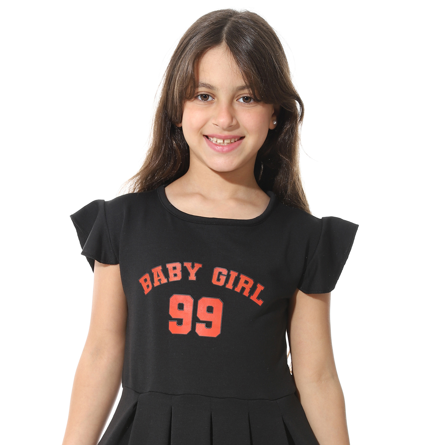 فستان مطبوع أمامي للبنات - أسود - g01