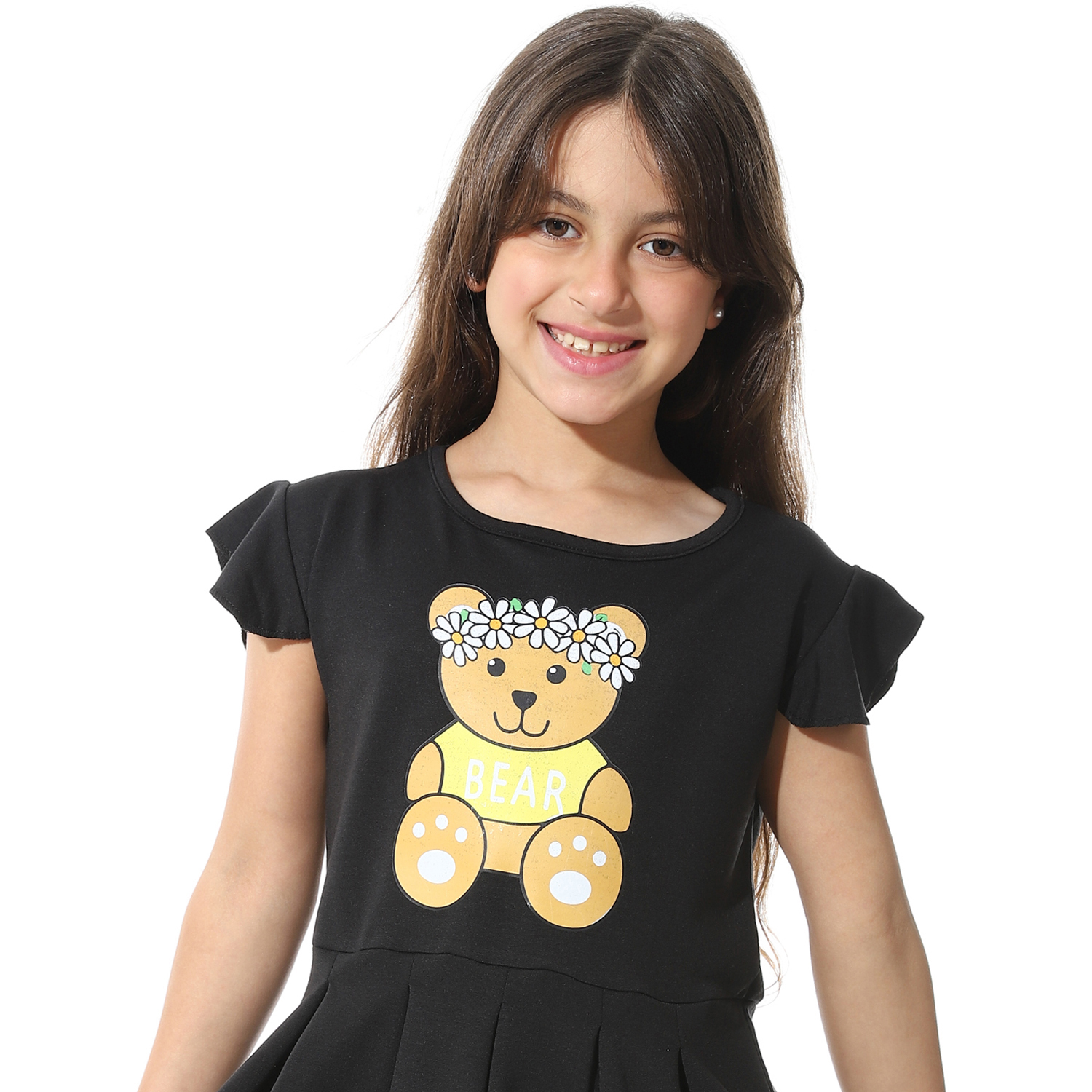 فستان مطبوع أمامي للبنات - أسود - g02