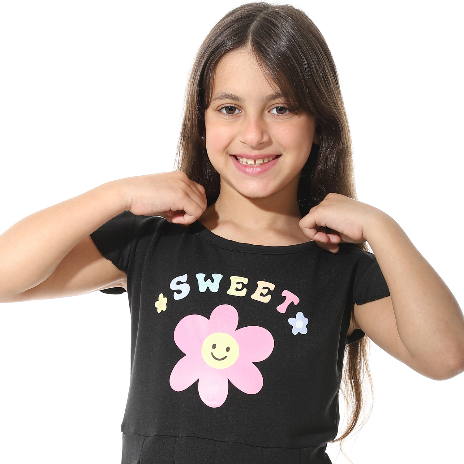 فستان مطبوع أمامي للبنات - أسود - g03