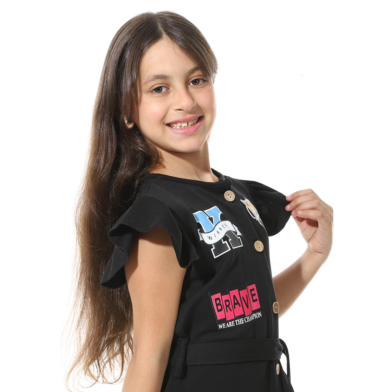 فستان مطبوع أمامي للبنات - أسود - g04