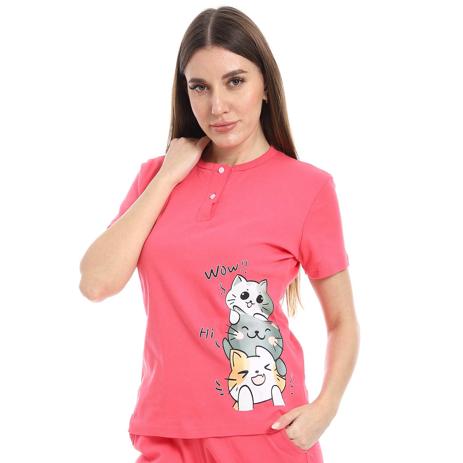 بيجامة حريمي بطبعة باندا وأزرار - h01