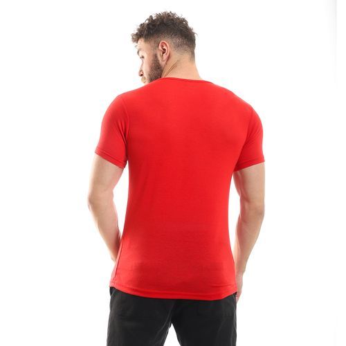 تي شيرت كادي رجالي بأكمام قصيرة وياقة على شكل حرف V - أحمر - R12