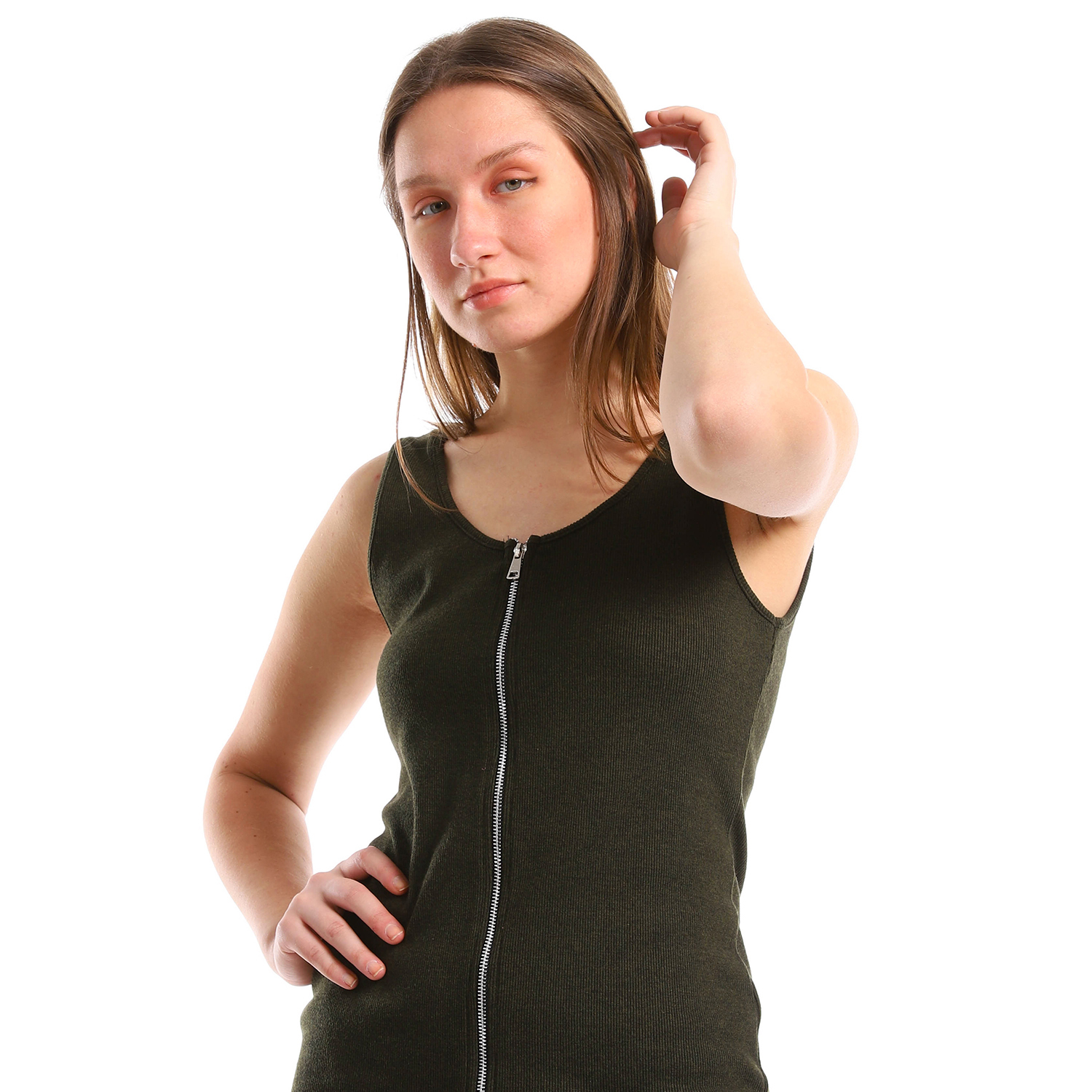 فستان نسائي بسحاب أمامي كامل ومضلع - زيتي - s2016