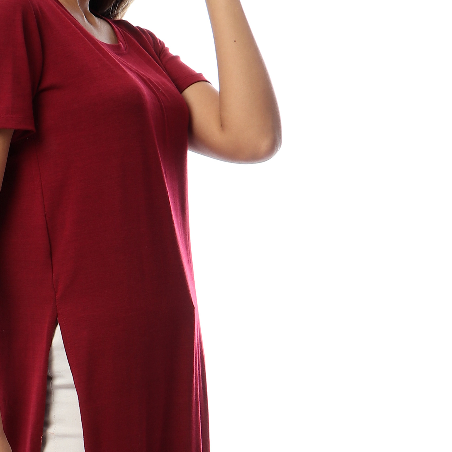 بلوزة سادة بأكمام قصيرة وفتحات جانبية - s2045