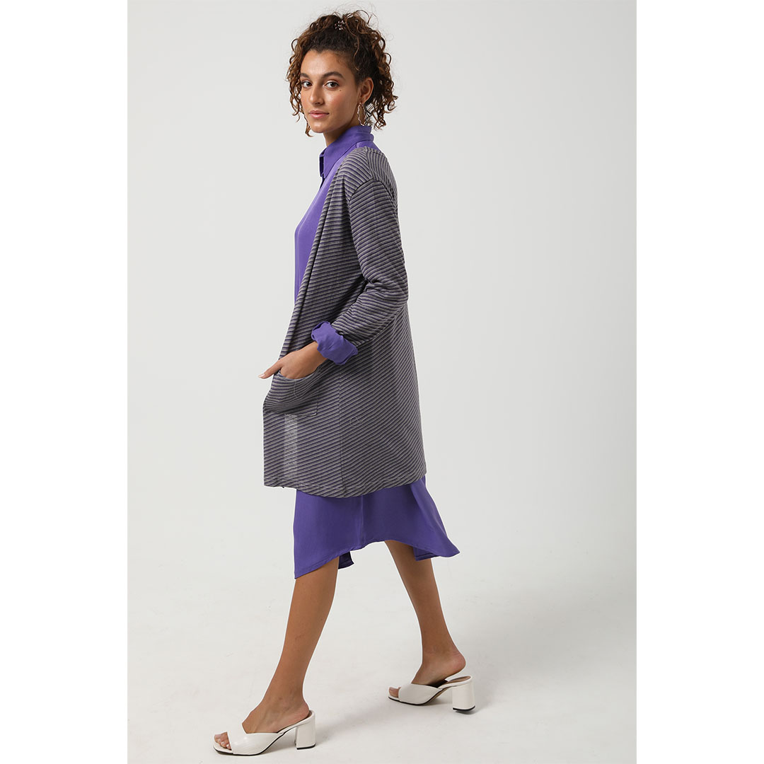 كارديجان جميلا نسائي مخطط مفتوح من الأمام - موف - 3374