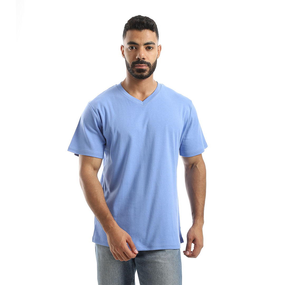 تي شيرت بأكمام نصفية وياقة على شكل حرف V وبنطلون سادة - m4409