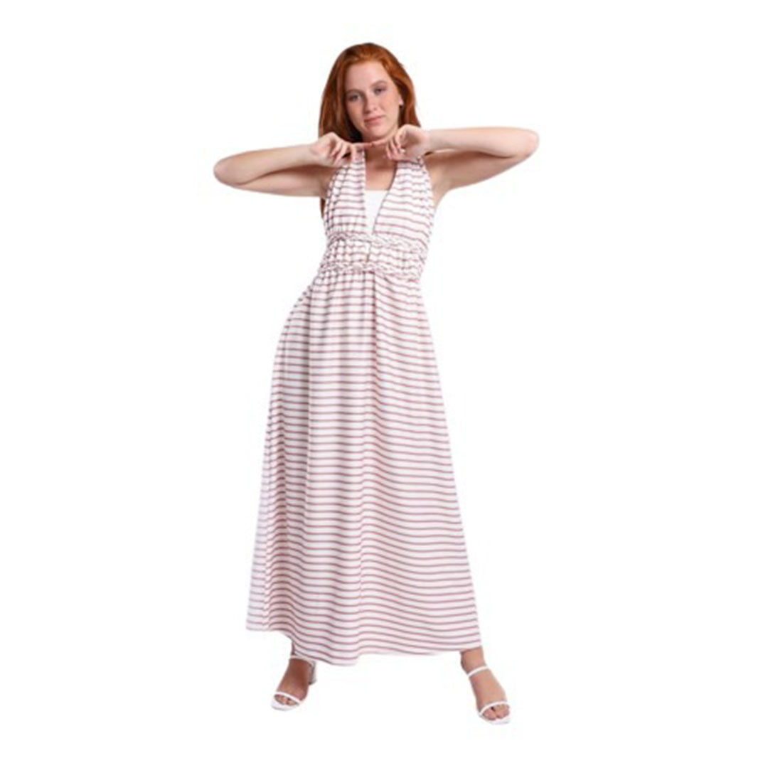 فستان طويل مخطط مكشوف الظهر - أبيض/كشمير - s2058