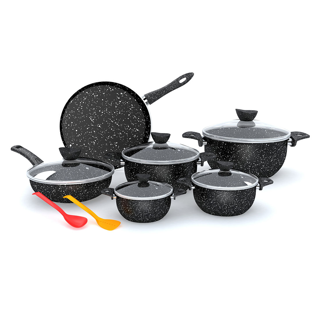 حلل لابيس جرانيت بغطاء زجاجي - 13 قطعة - أسود