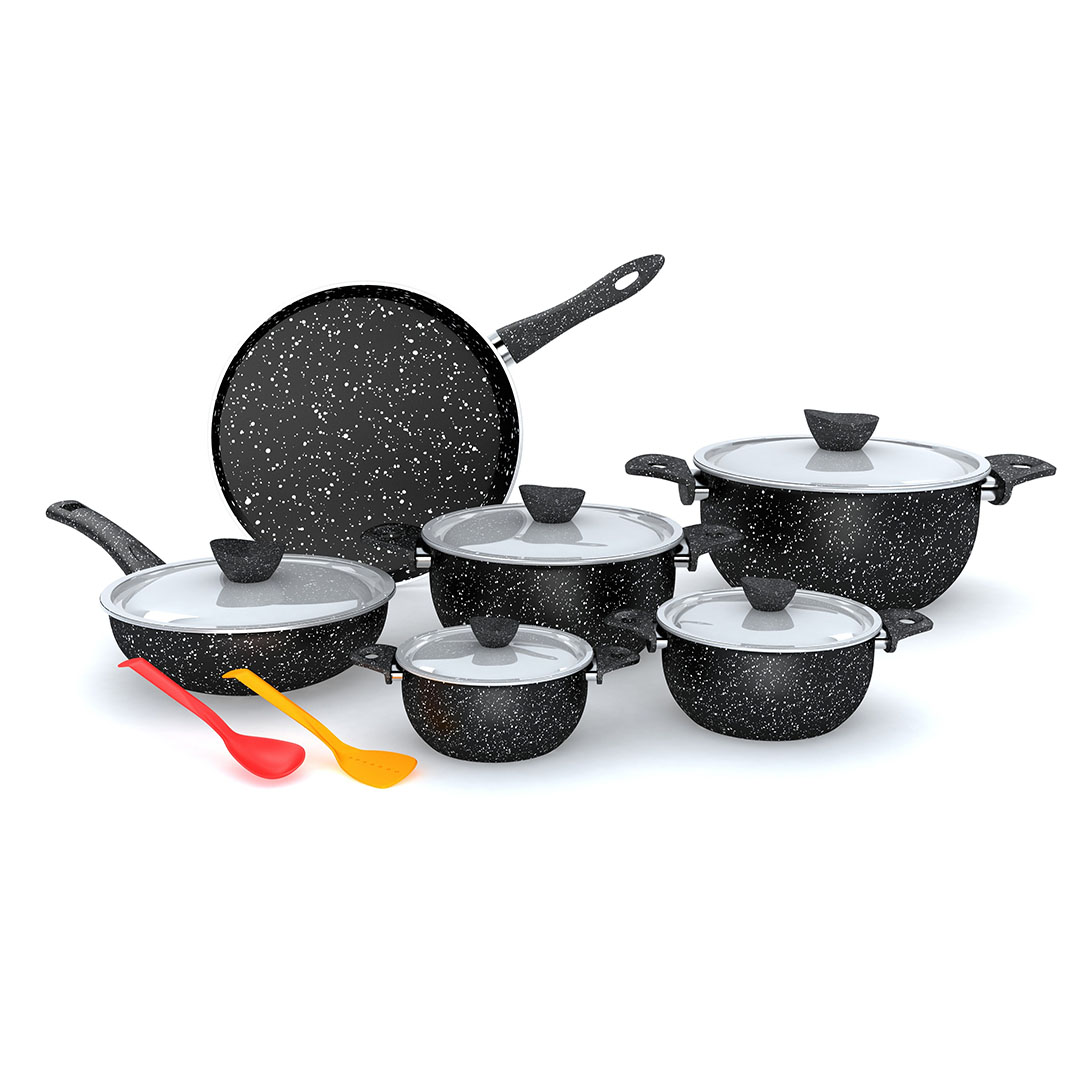 حلل لابيس جرانيت بغطاء ستانلس  - 13 قطعة - أسود