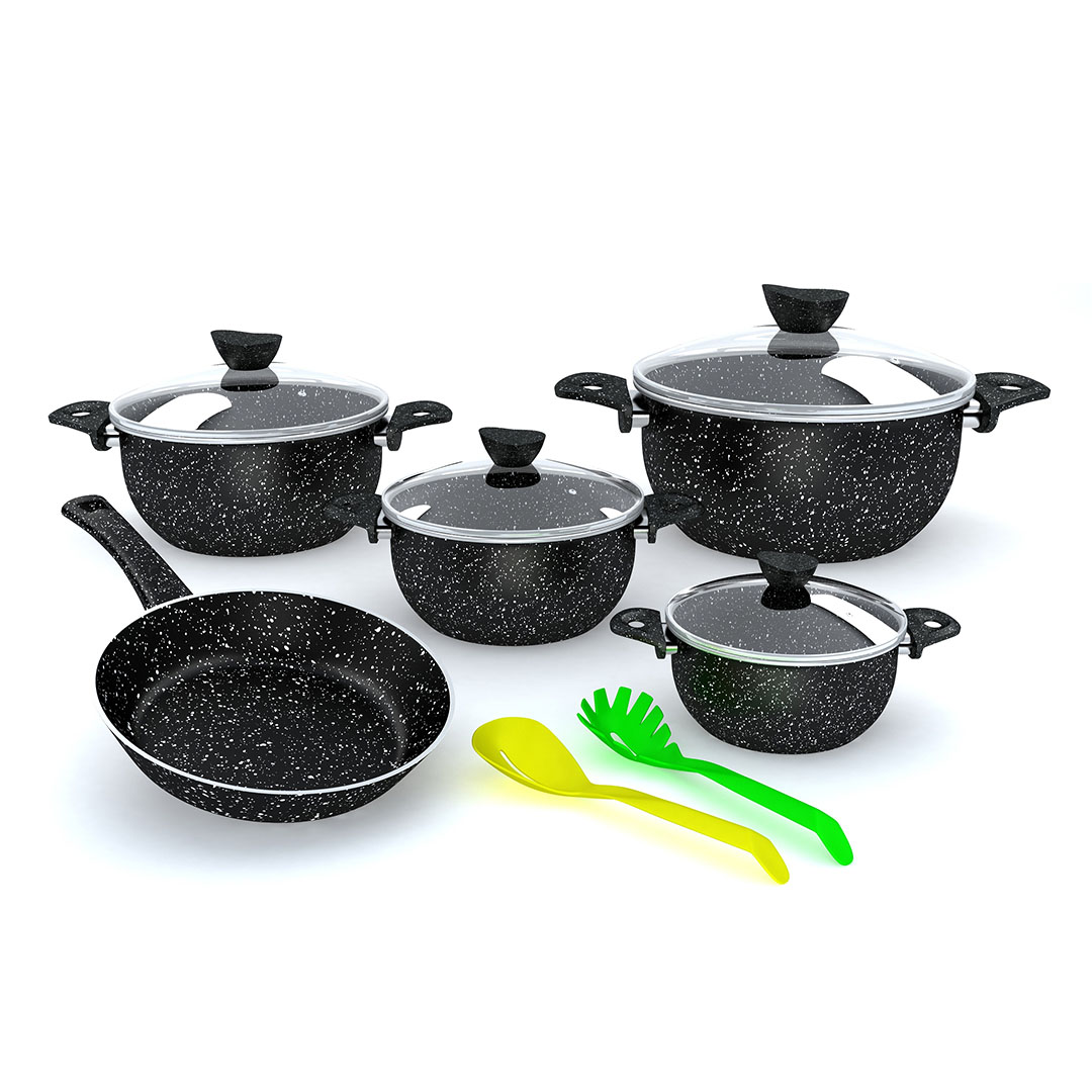 حلل لابيس جرانيت بغطاء زجاجي - 11 قطعة - أسود