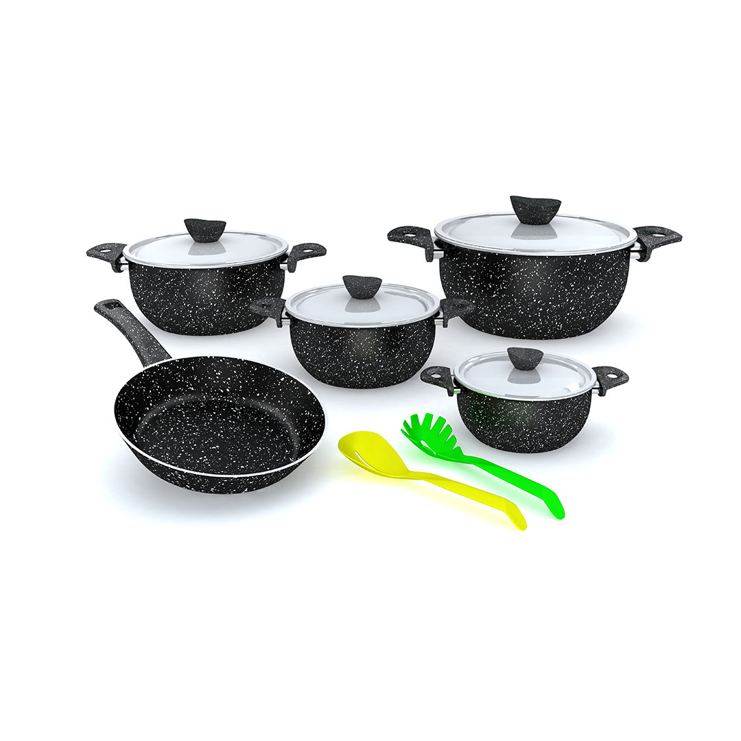 حلل لابيس جرانيت بغطاء ستانلس  - 11 قطعة - أسود