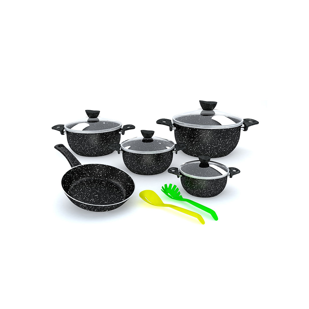 حلل لابيس جرانيت بغطاء زجاجي - 11 قطعة - أسود