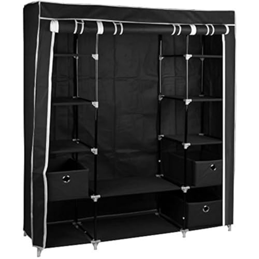 دولاب قماش كبير مع رفوف وعلاقة ملابس - أسود