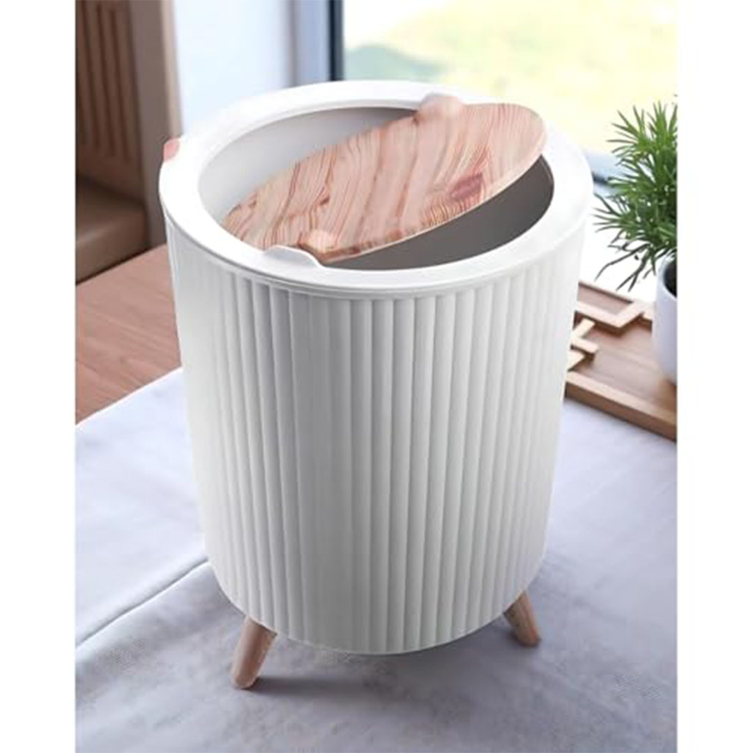 سلة مهملات أنيقة لديكور المنزل مع أرجل خشب - ابيض - سعة 5 كجم