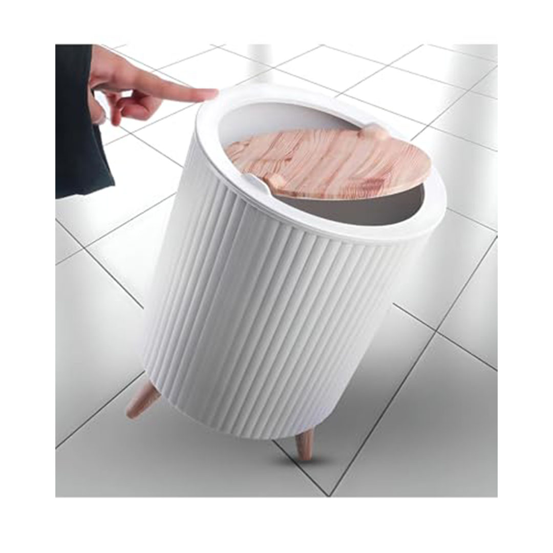 سلة مهملات أنيقة لديكور المنزل مع أرجل خشب - ابيض - سعة 5 كجم