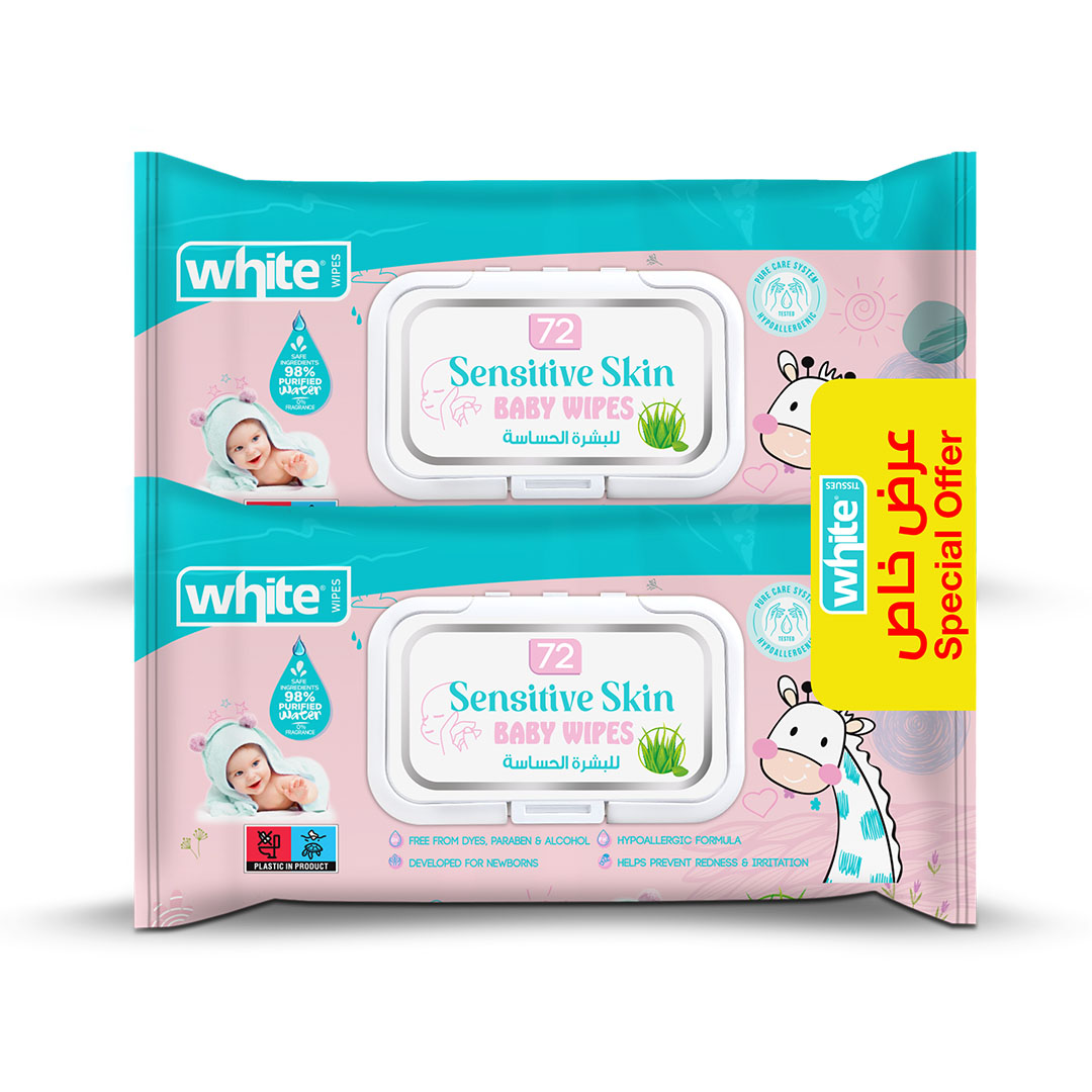 وايت مناديل بيضاء للأطفال -  72 منديل - للبشرة الحساسة - 2 قطعة