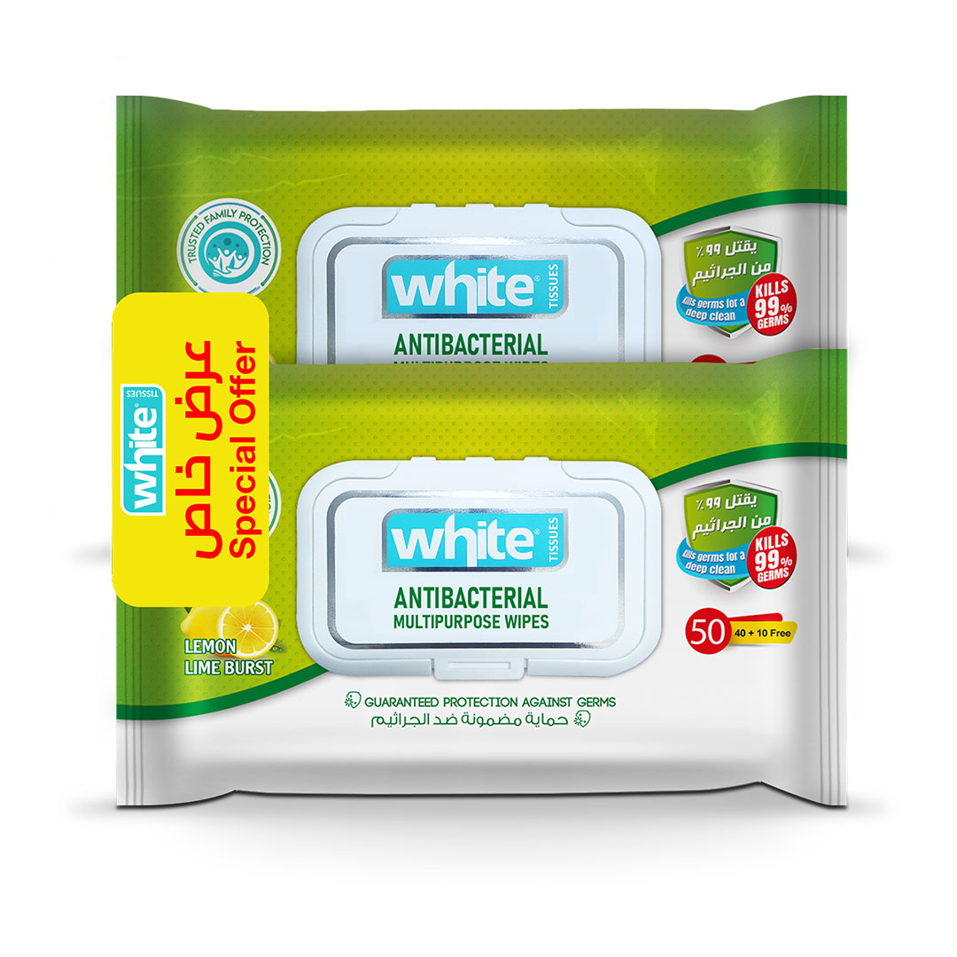 وايت مناديل مضادة للبكتيريا بالليمون - 50 منديل - 2 قطعة