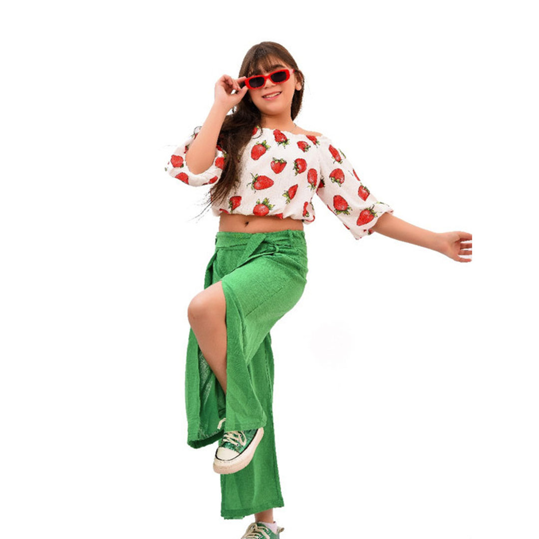 طقم بناتي توب وبنطلون - أخضر/أبيض - 42610