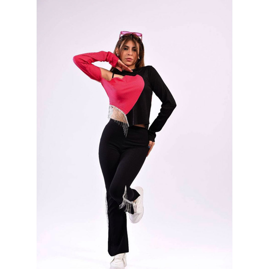 طقم بناتي توب وبنطلون - أسود/بينك - 43726