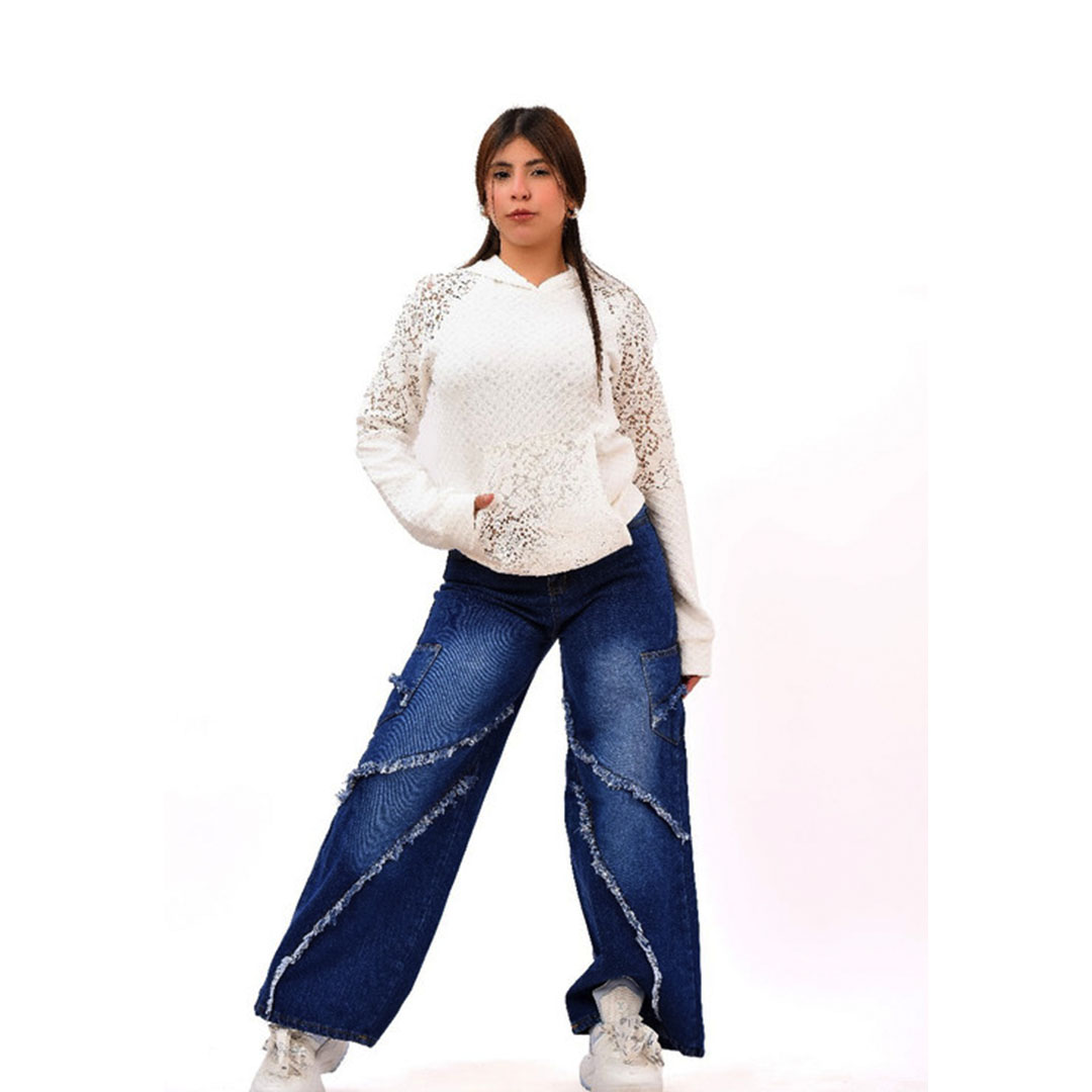 بنطلون جينز واسع بناتي - أزرق - 43914