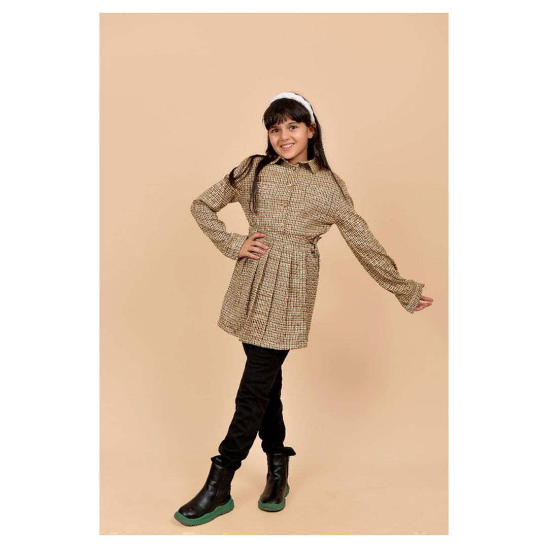 فستان كاروه برباط بناتي - بيج - 52207