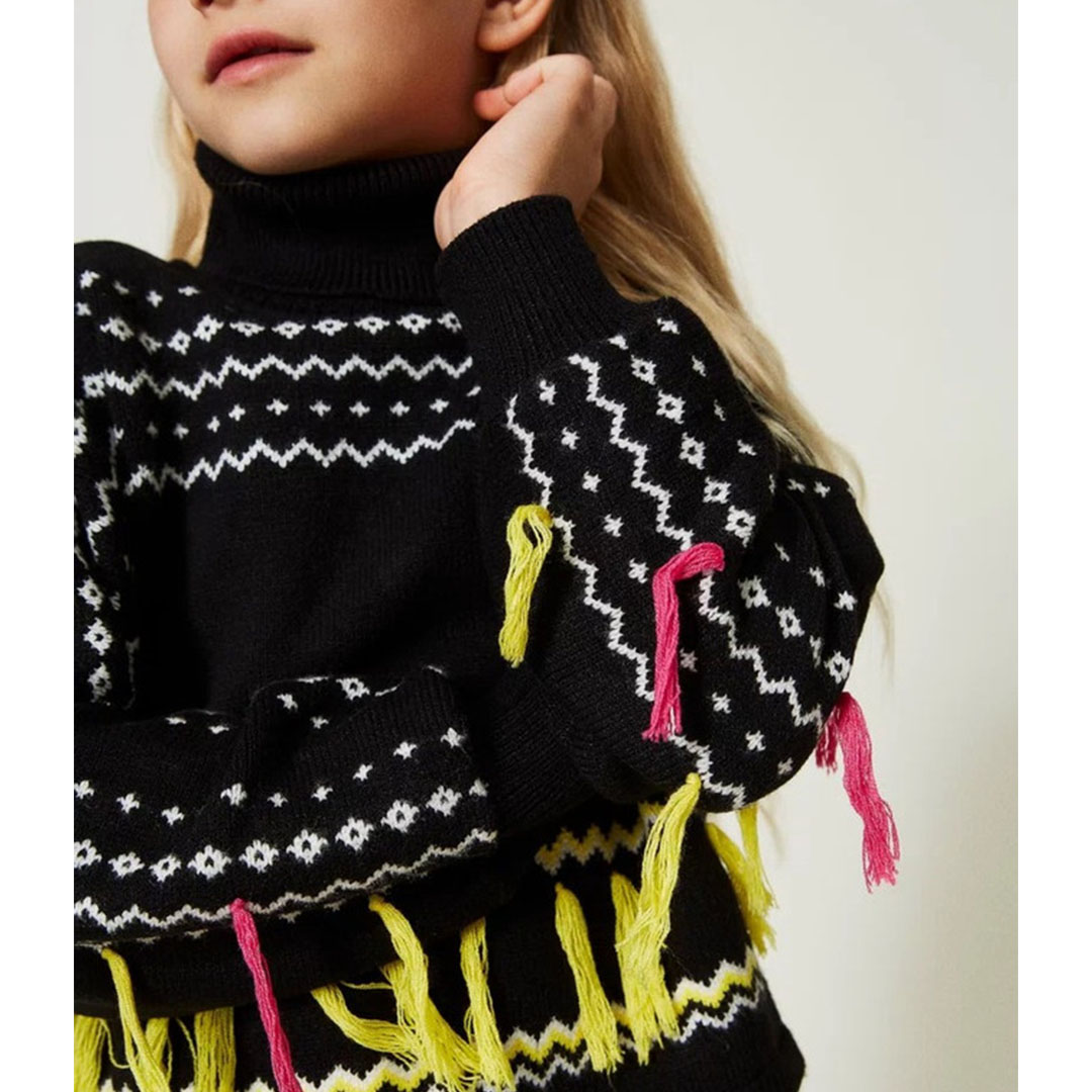 بلوفر جاكار شراشيب بناتي - أسود - 52808