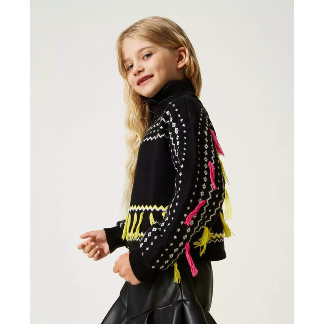 بلوفر جاكار شراشيب بناتي - أسود - 52808