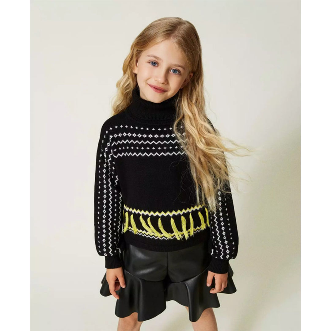 بلوفر جاكار شراشيب بناتي - أسود - 52808