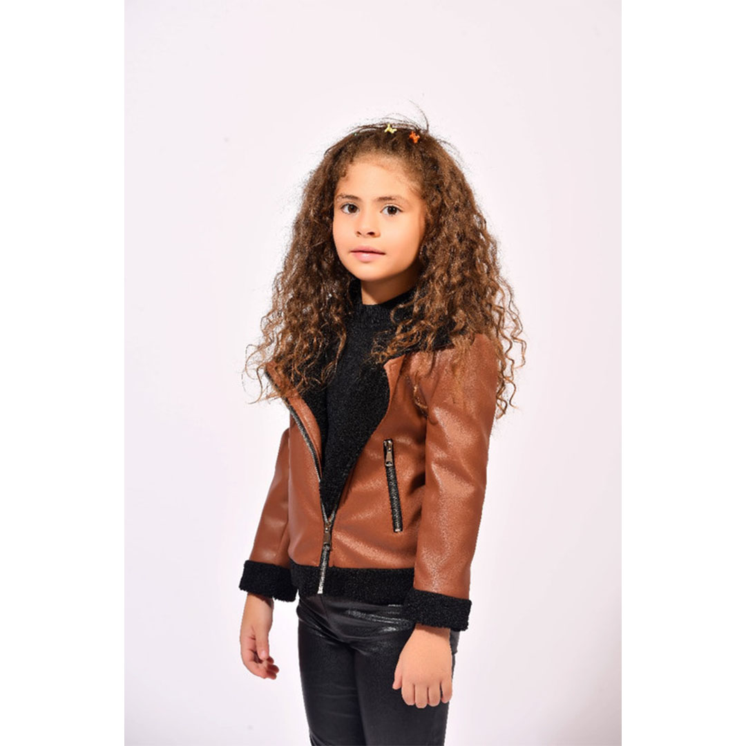 جاكت جلد مبطن فرو بناتي - بني - 52423