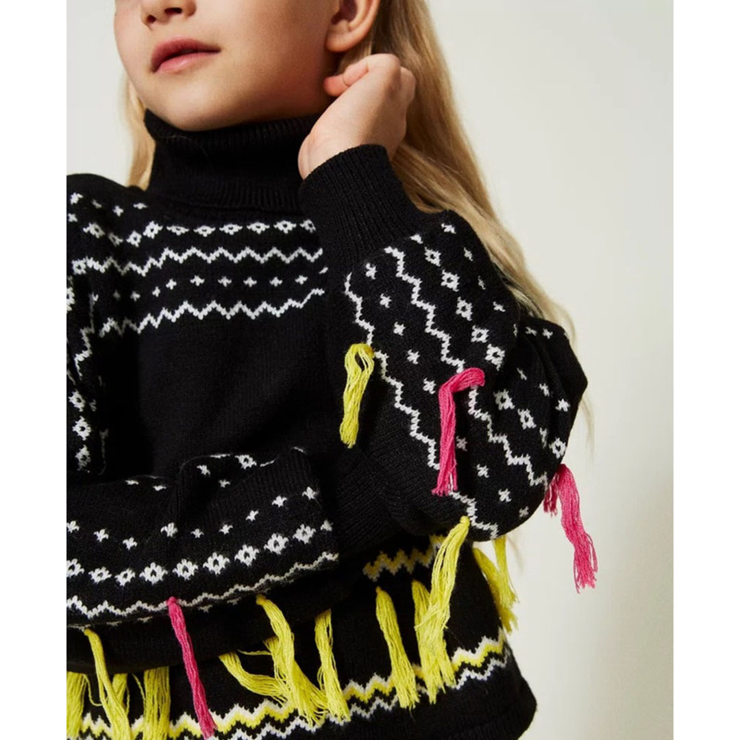 بلوفر جاكار شراشيب بناتي - أسود - 52808