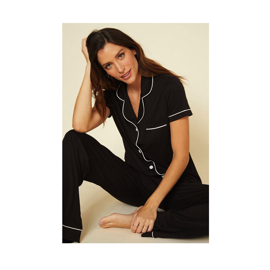 بيجامة نسائية بأزرار من القطن - أسود - B401