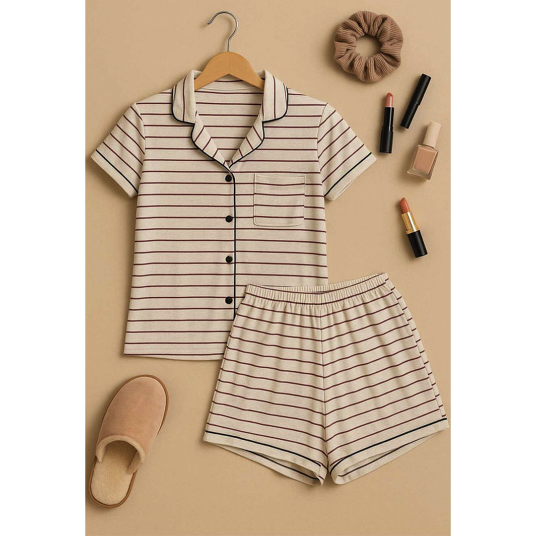 بيجامة حريمي بأزرار مع شورت قطن - B402