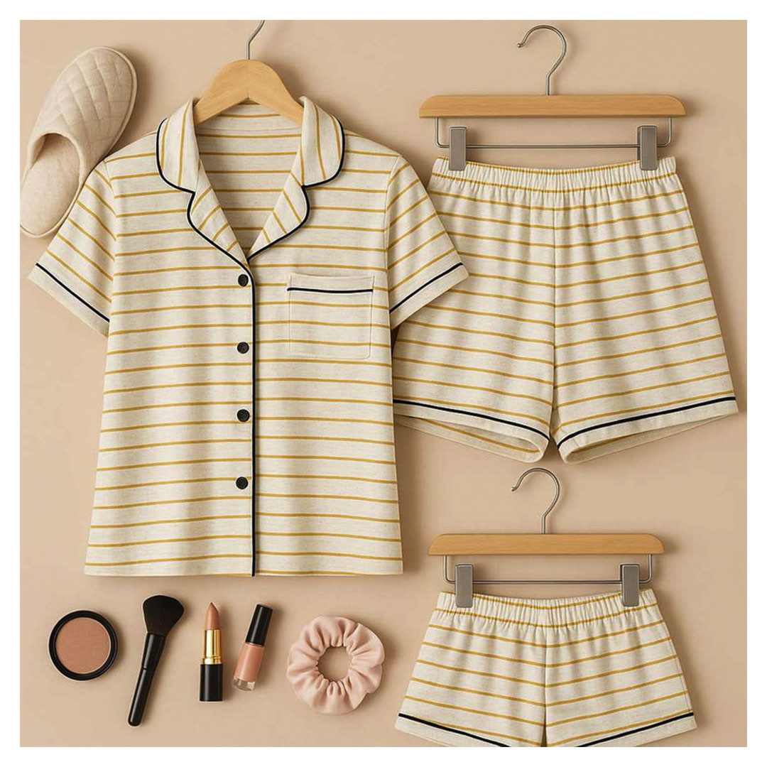 بيجامة حريمي بأزرار مع شورت قطن - B402