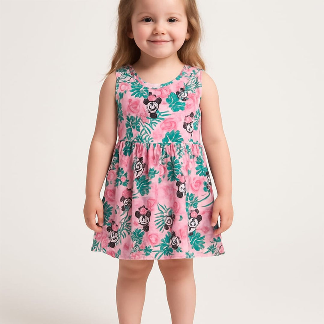 فستان منقوش بناتي قطن - بينك