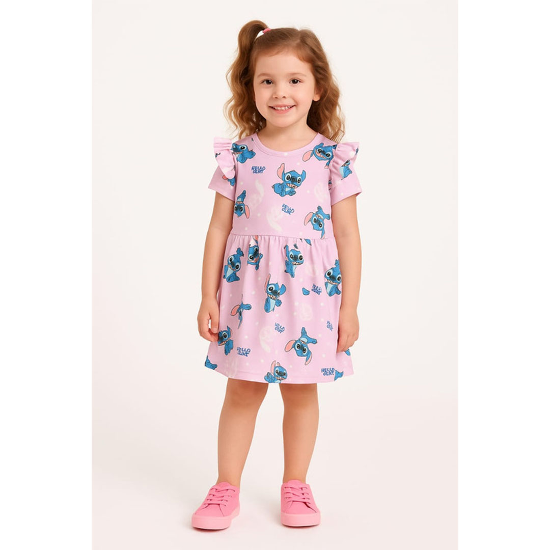 فستان بناتي قطن منقوش ستيتش - بينك