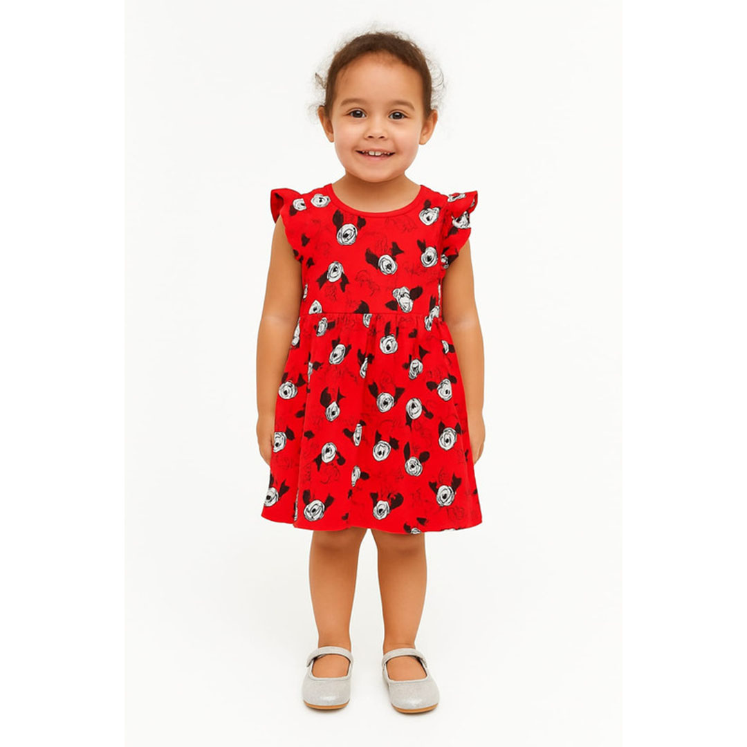 فستان منقوش بناتي قطن - أحمر