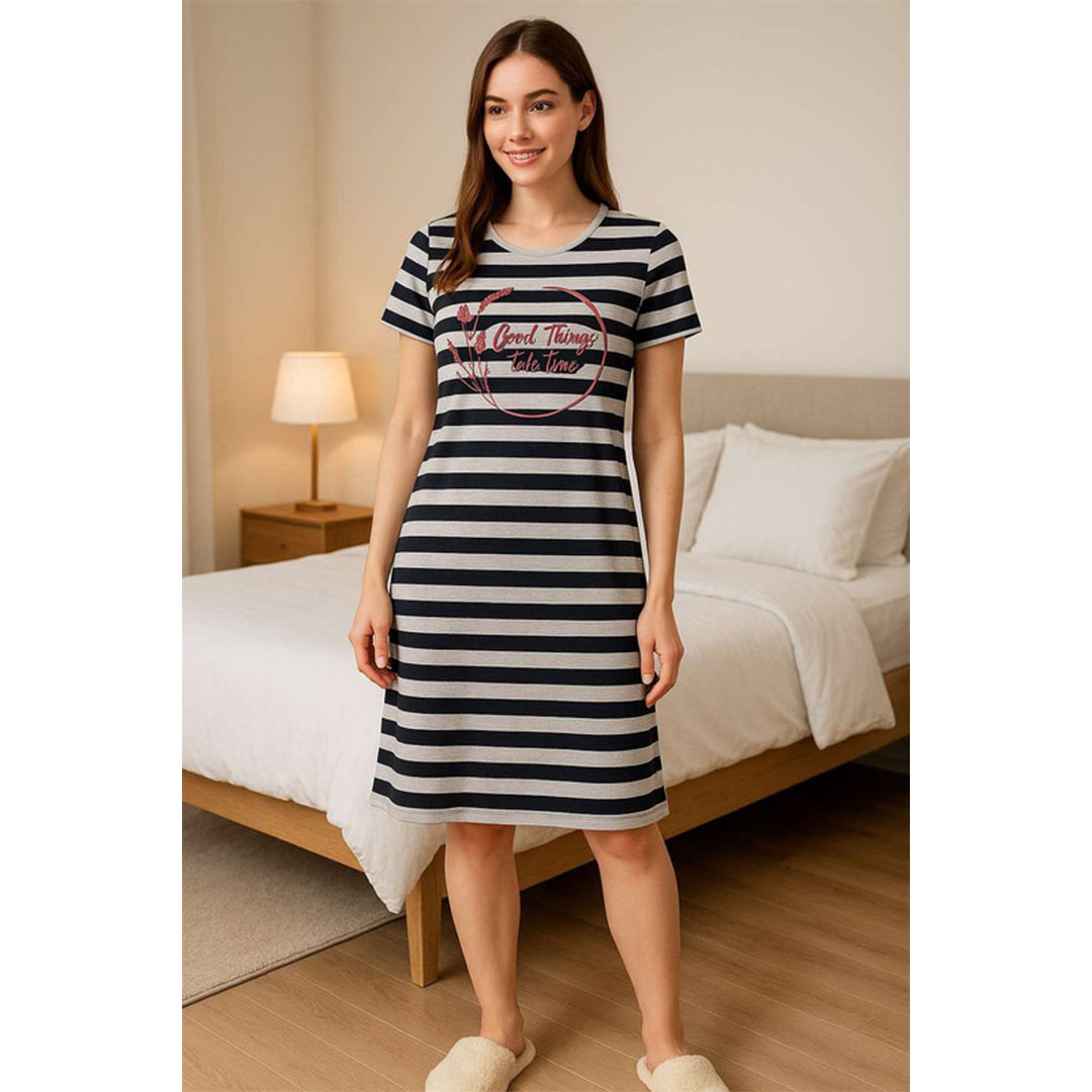 فستان نوم حريمي مخطط - كحلي