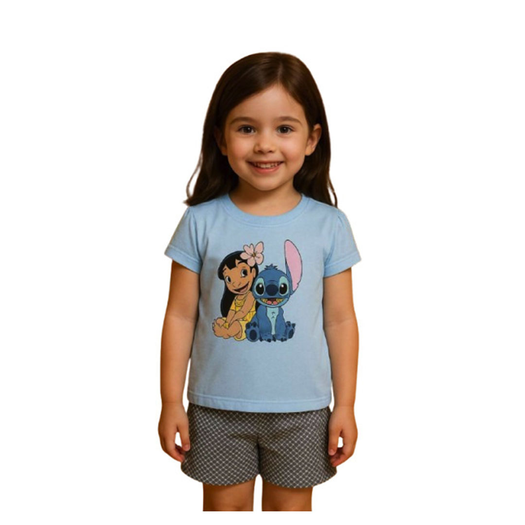 طقم شورت قطني مخطط للبنات - أزرق فاتح - Tg304