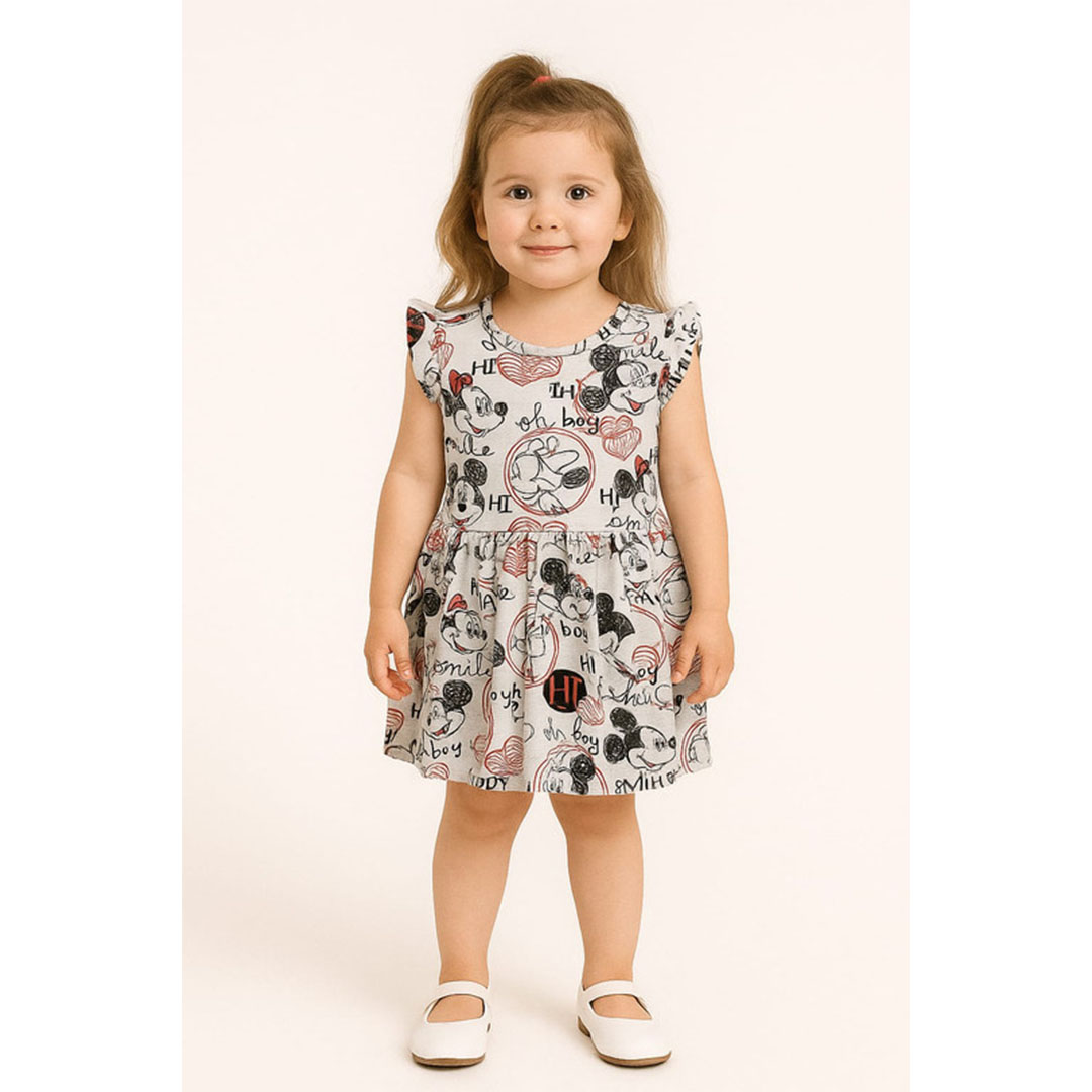 فستان قطن بناتي منقوش - أبيض