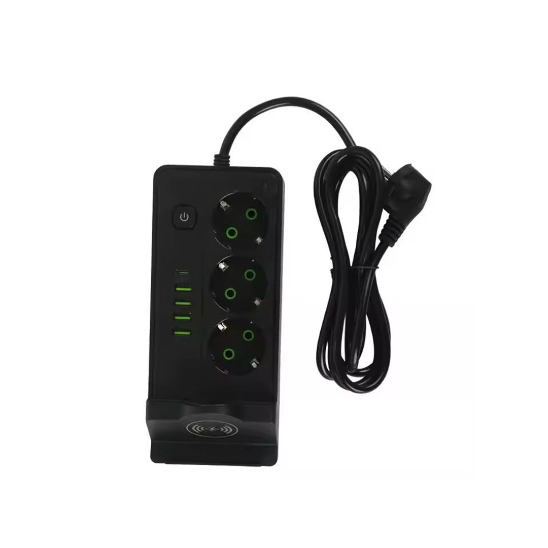 مشترك كهرباء بشاحن لاسلكي + 3 مخرج كهرباء + 4 يو اس بي + تايب سي - SLM-1080 - أسود