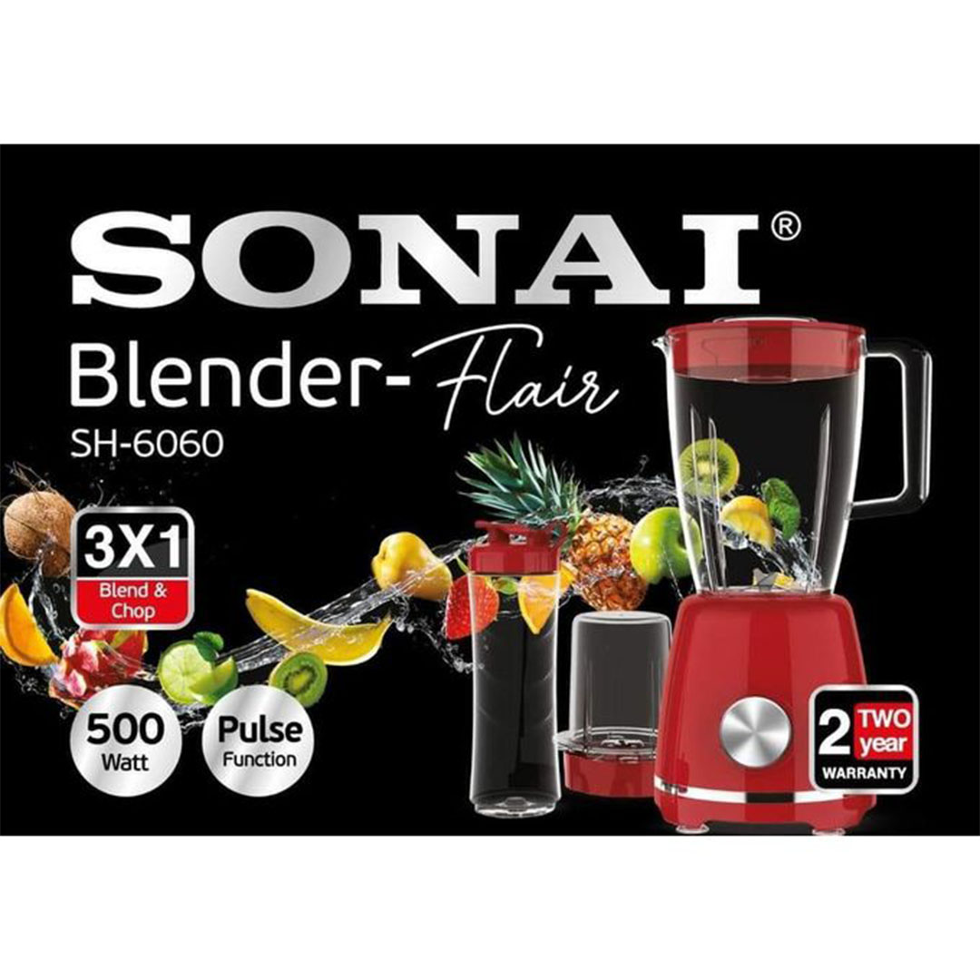 خلاط 3 في 1 سوناى 1.5 لتر مطحنة كوب 500 مل 2 سرعة + نبض 500 واط SH-6060 (Red)