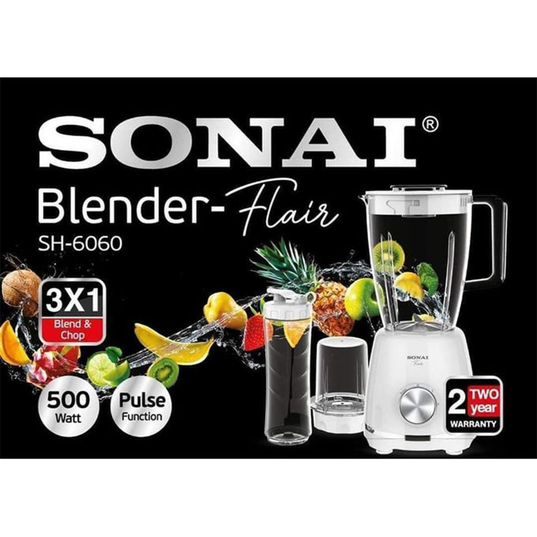 خلاط 3 في 1 سوناى 1.5 لتر مطحنة كوب 500 مل 2 سرعة + نبض 500 واط SH-6060 (White)