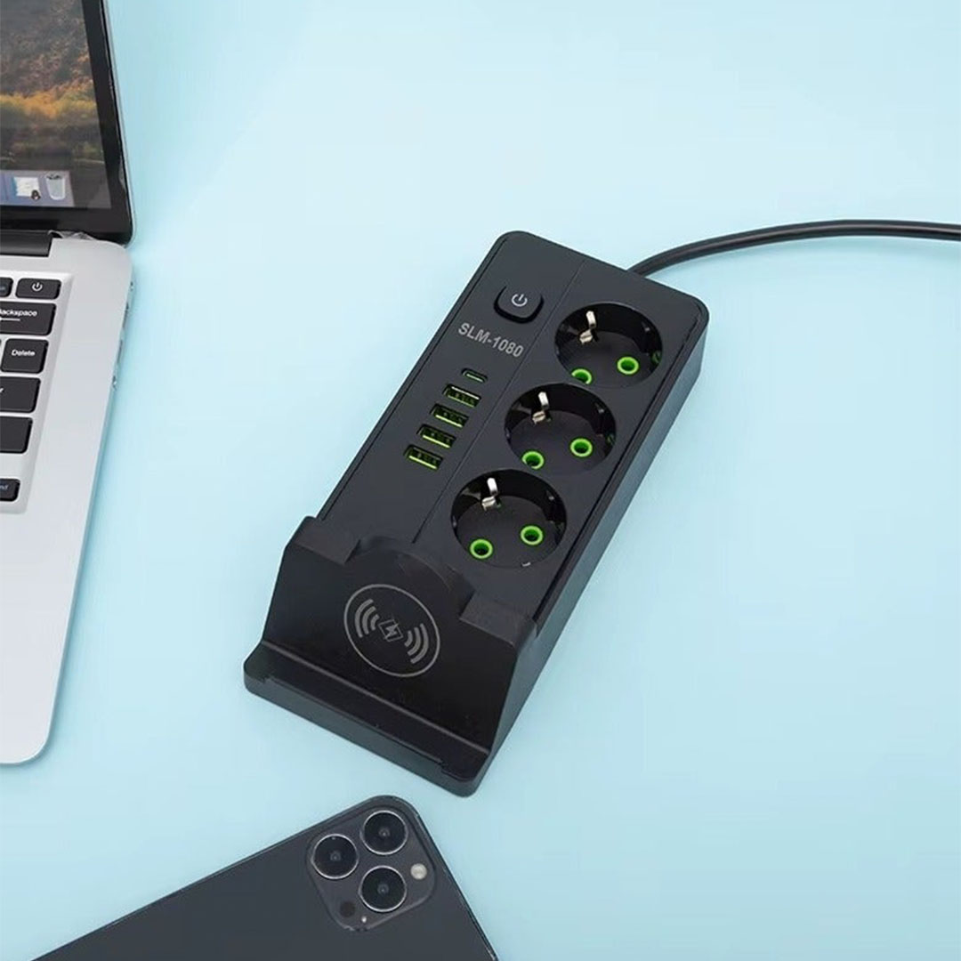مشترك كهرباء بشاحن لاسلكي + 3 مخرج كهرباء + 4 يو اس بي + تايب سي - SLM-1080 - أسود