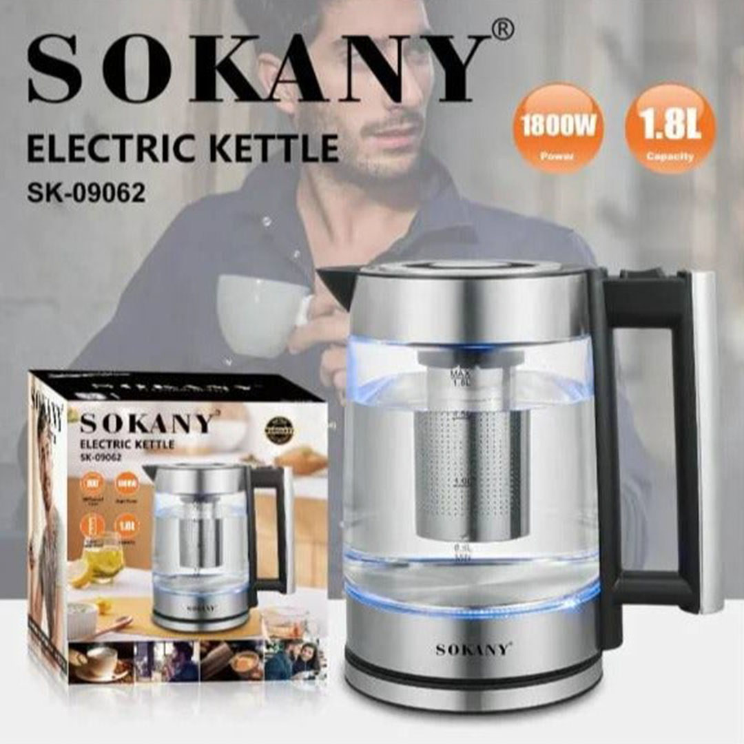 كاتيل غلاية زجاجية - فلتر قابل للغسل والإزالة - 1.8 لتر - 1800 وات - SK-09062