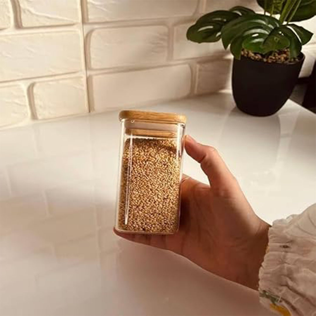 برطمان زجاجي مربع بغطاء خشب - 250 مل