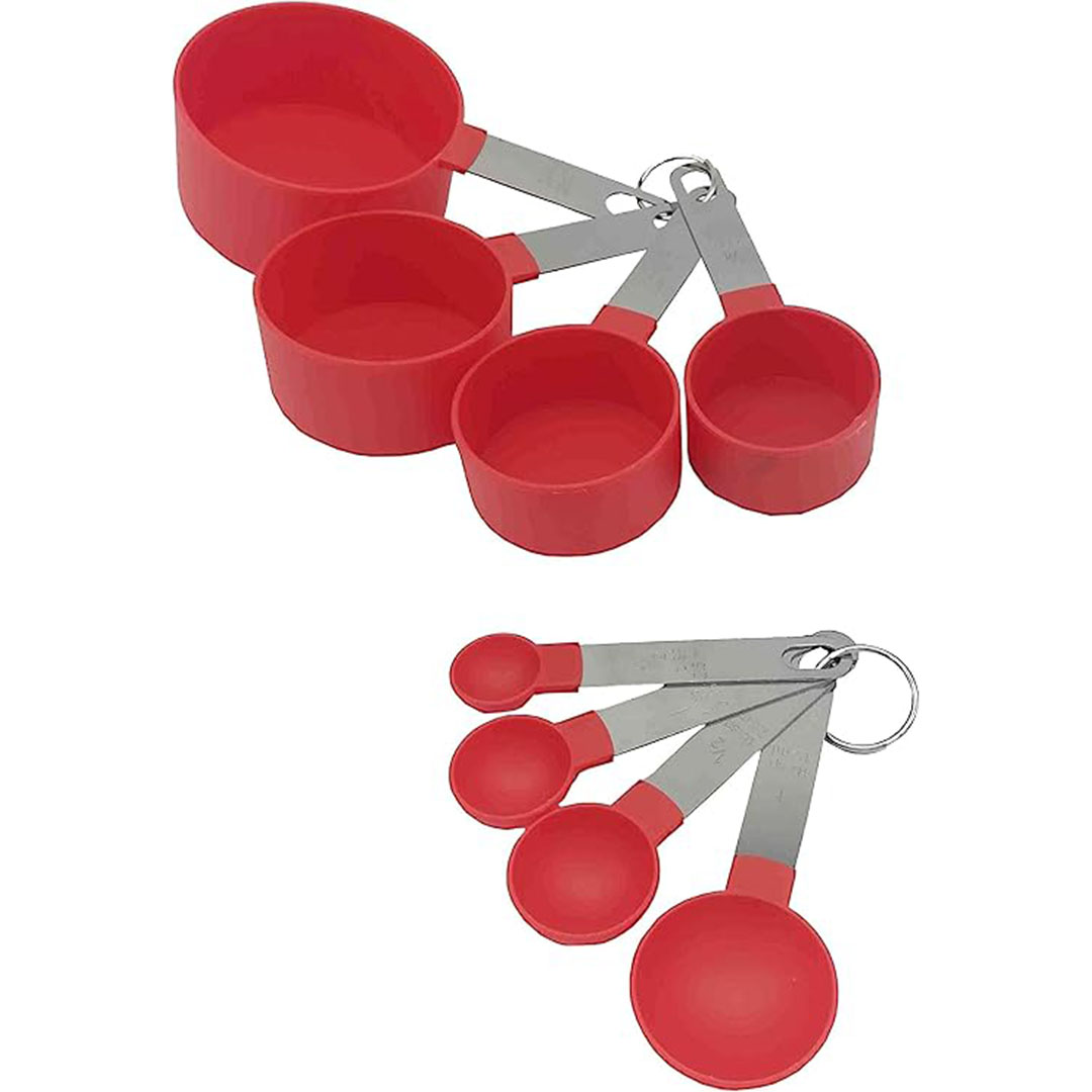 مجموعة أكواب وملاعق قياس 8 قطع - أحمر