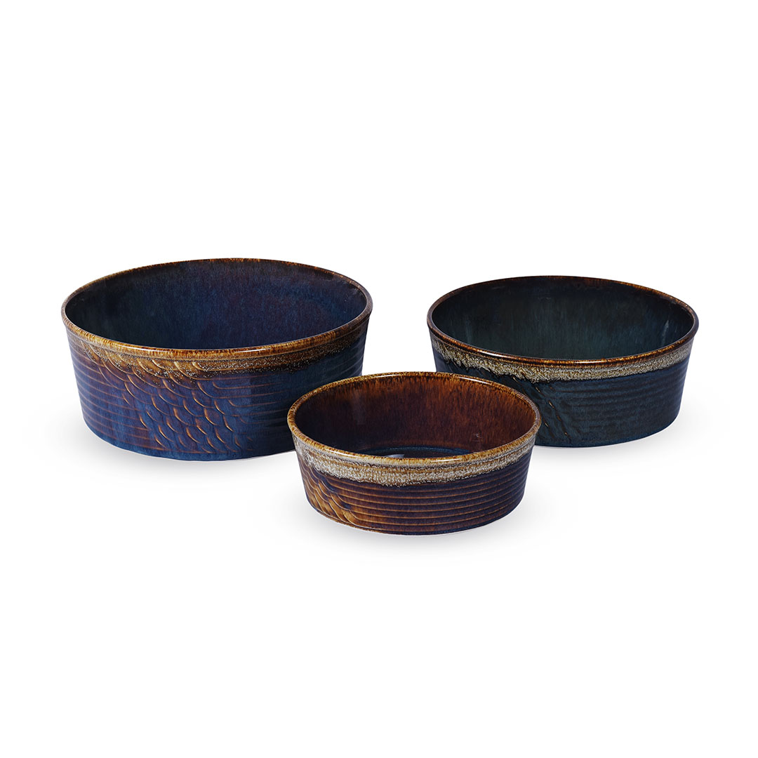 طقم أواني فرن بورسلين يدوي ملون من ايه ايه وان - 3 قطع مقاس 20 - 24 - 27 - أزرق غامق