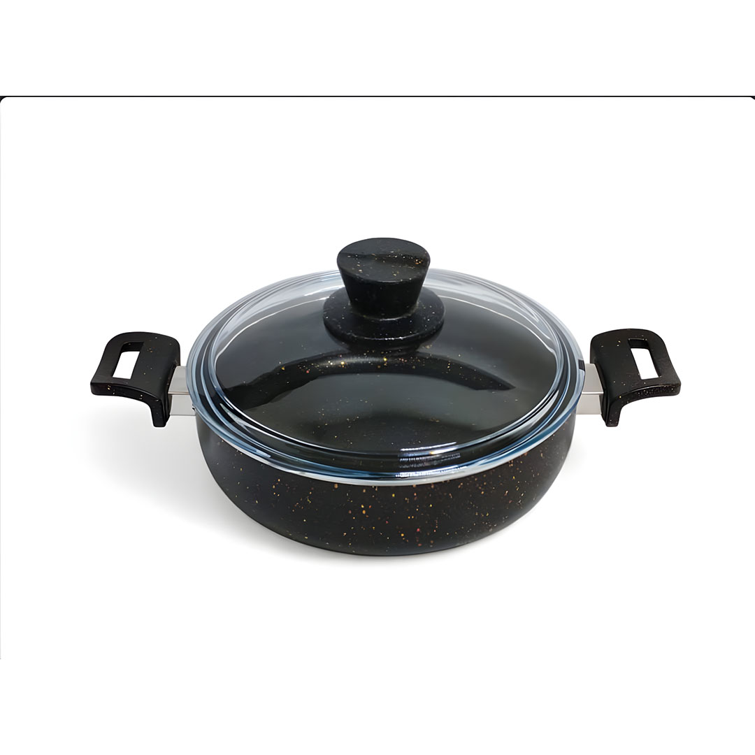 طاسة جرانيت بغطاء زجاجي - 22 سم - أسود