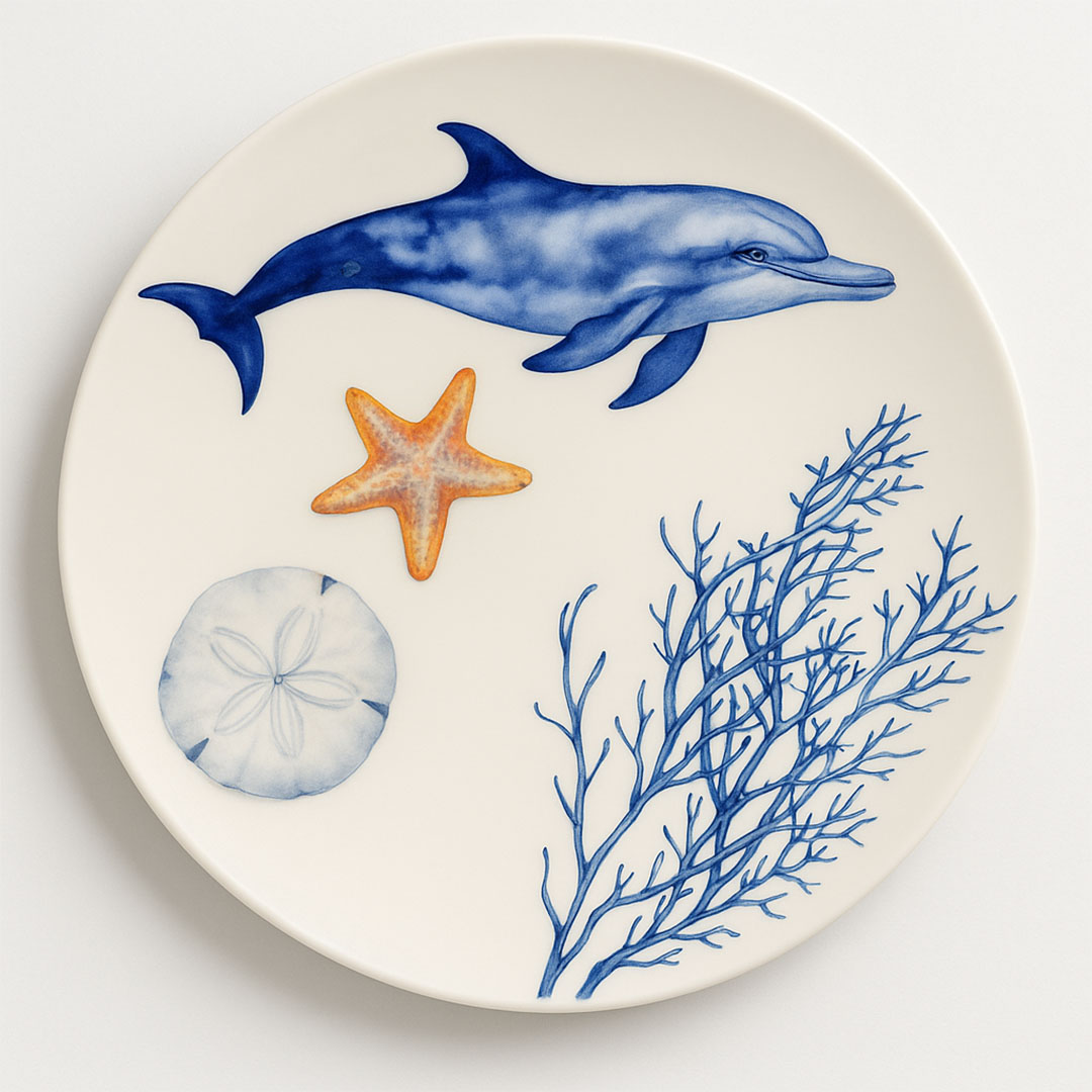 طبق بورسلين مطبوع من ديليشيا - تصميم دولفين - 27 سم